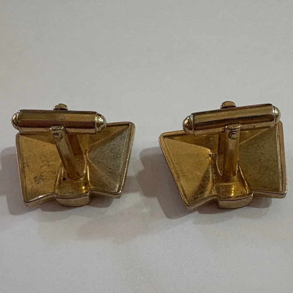 1970s Vtg Hanson‎ Gold Tone Cufflinks Textured Geometric Vintage Mens Jewelry